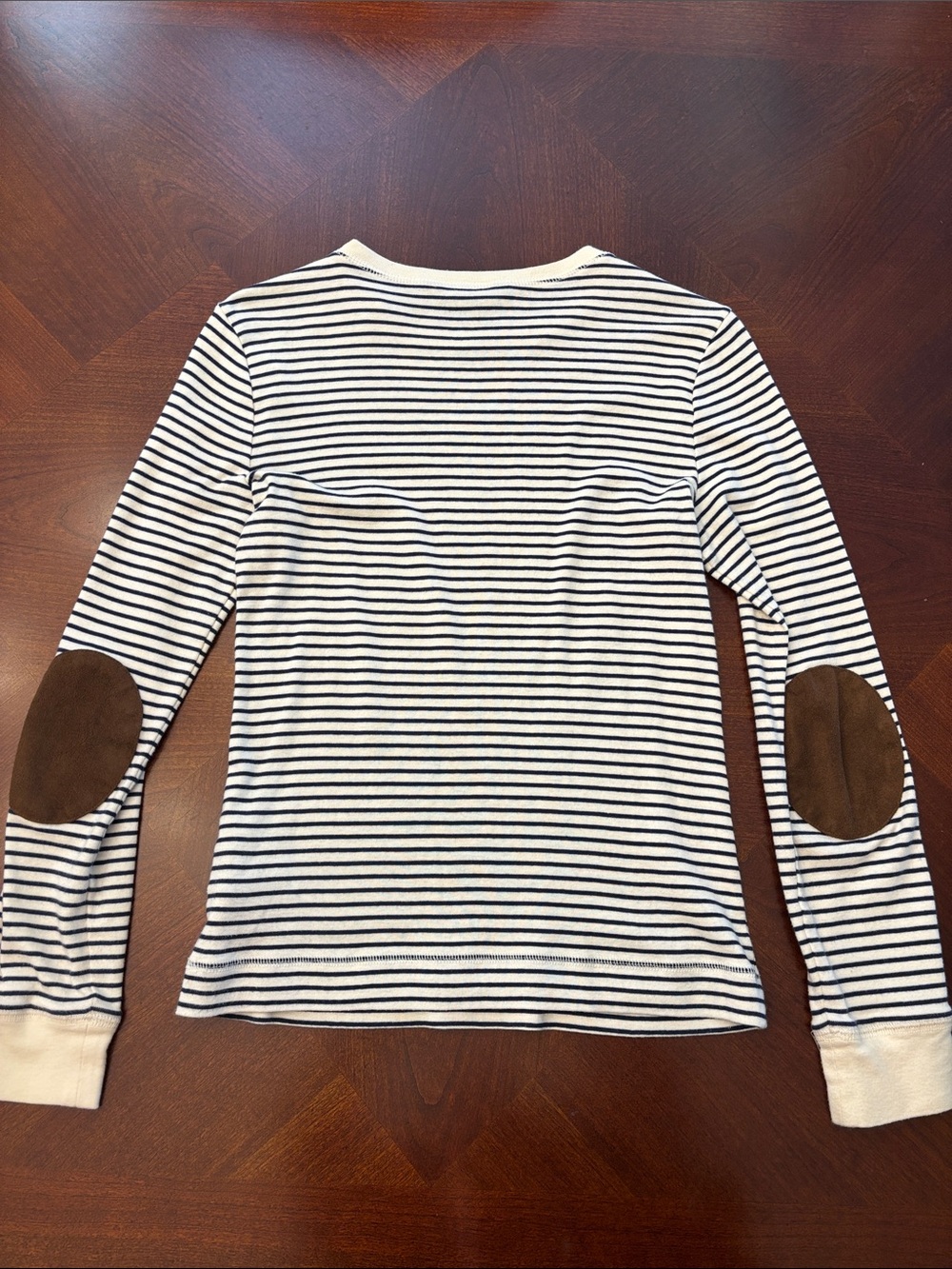 LAUREN Ralph Lauren Cream & Navy Stripe Sweater with Brown Elbow Patches - Picture 5 of 5